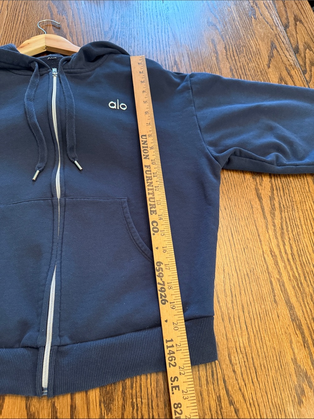 Alo Yoga Navy Blue Cropped Full Zip Hoodie Sweatshirt Logo Athleisure - Picture 9 of 14